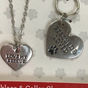 Silver‎ Tone Pet Rescue Necklace & Collar Paw Print Heart Charm Set NWT